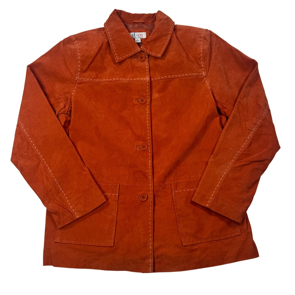 Denim & Co Suede Leather Jacket Orange Contrast Stitch Button Front Small